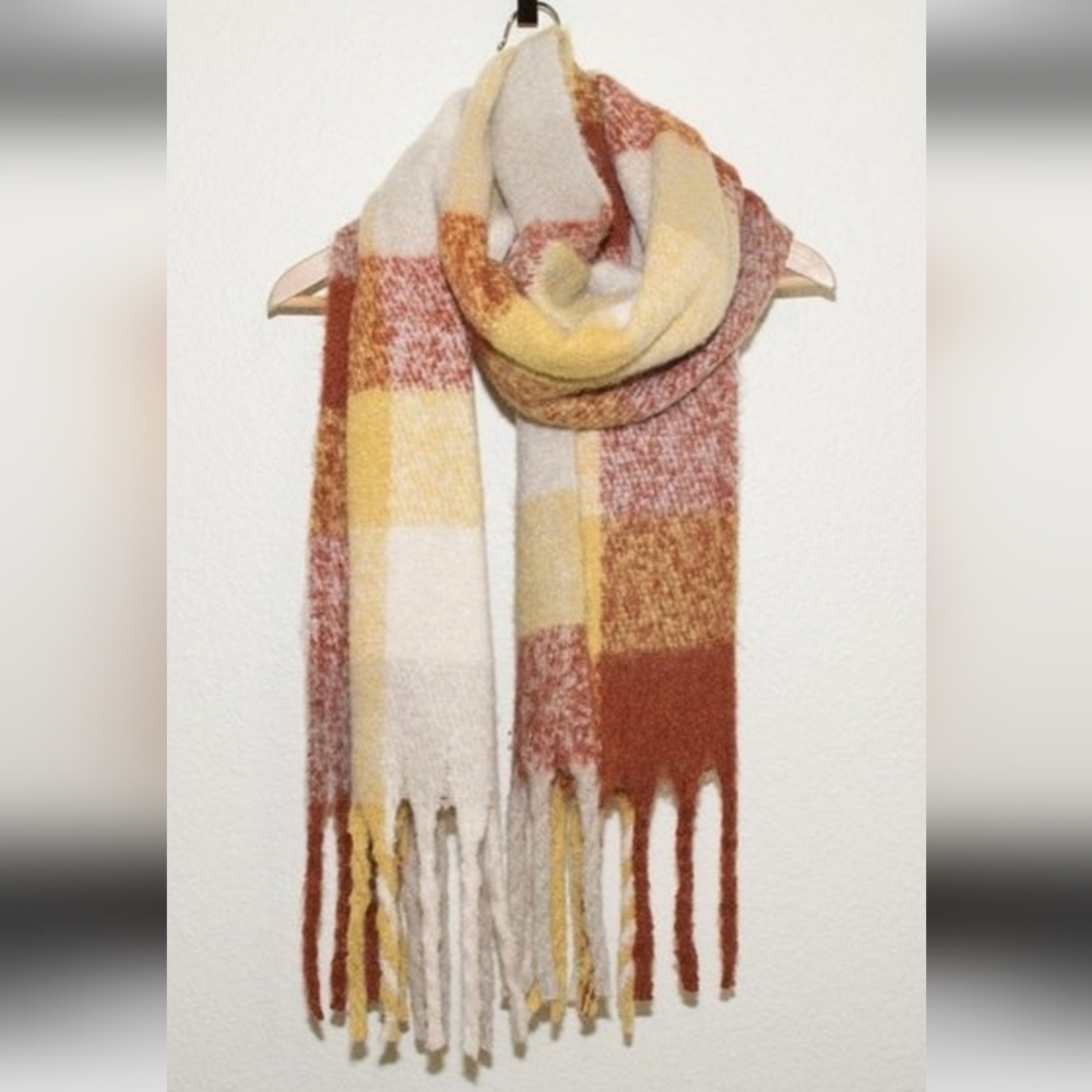 Steve Madden Plaid Blanket Scarf | Oversized Cozy Wrap | Orange & Brown Tones